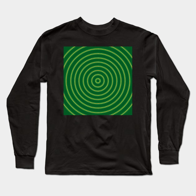 Round Bullseye Pattern no.3 Dark and Medium Green and Yellow with Red dotted lines Long Sleeve T-Shirt by Neil Feigeles